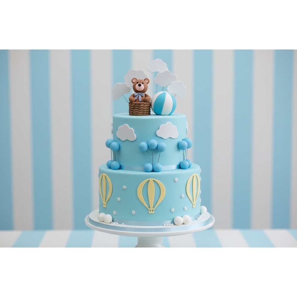 18 pcs Hot Air Balloon Teddy Bear Cake Topper Set Blue White Gold